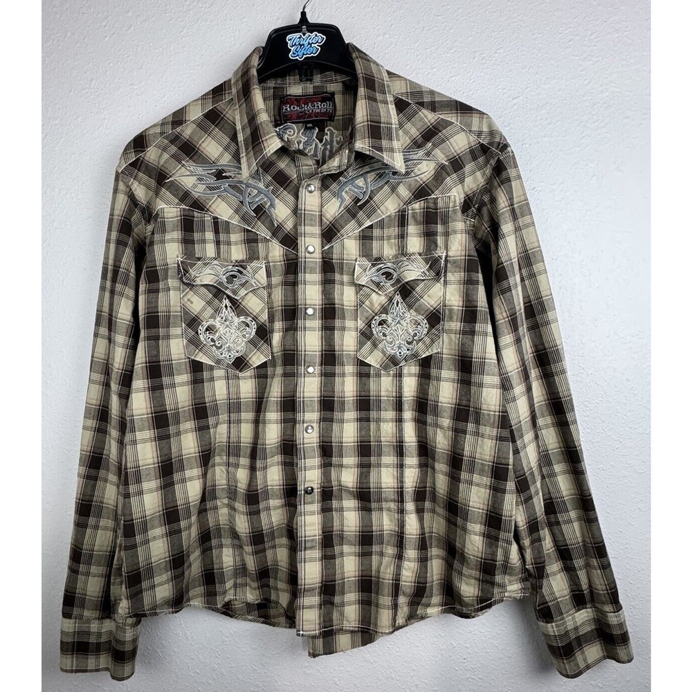 Rock & Roll Cowboy 2XL Brown Plaid Long Sleeve Pearl Snap Button Shirt
